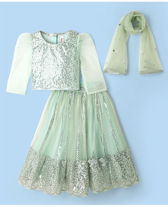 Babyhug Woven Three Fourth  Sleeves Choli And Lehenga Set With Dupatta  And Sequins Work With Lace Detailing - Mint