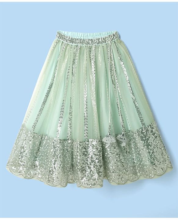 Babyhug Woven Three Fourth  Sleeves Choli And Lehenga Set With Dupatta  And Sequins Work With Lace Detailing - Mint