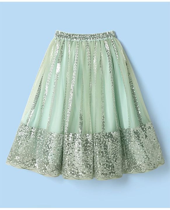 Babyhug Woven Three Fourth  Sleeves Choli And Lehenga Set With Dupatta  And Sequins Work With Lace Detailing - Mint