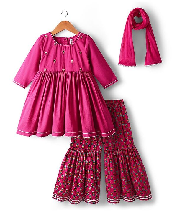 Babyhug Cotton Woven Three Fourth Sleeves Kurti Gharara Set with Dupatta Floral Print & Embroidery - Fuchsia