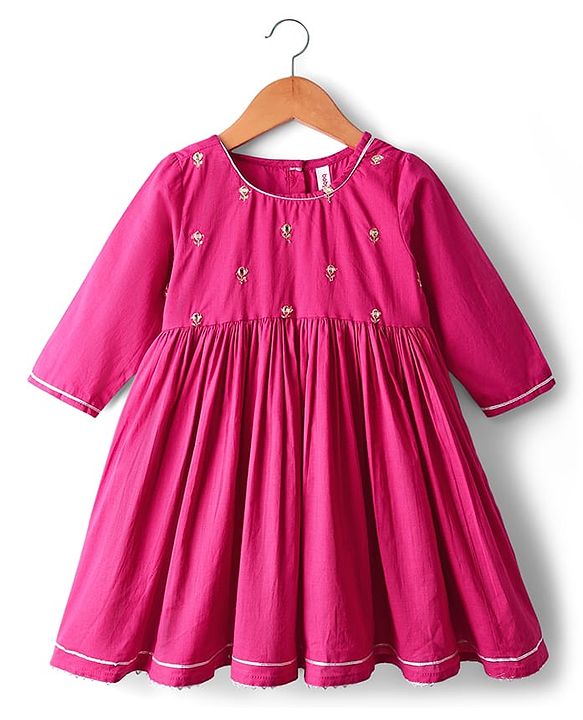 Babyhug Cotton Woven Three Fourth Sleeves Kurti Gharara Set with Dupatta Floral Print & Embroidery - Fuchsia