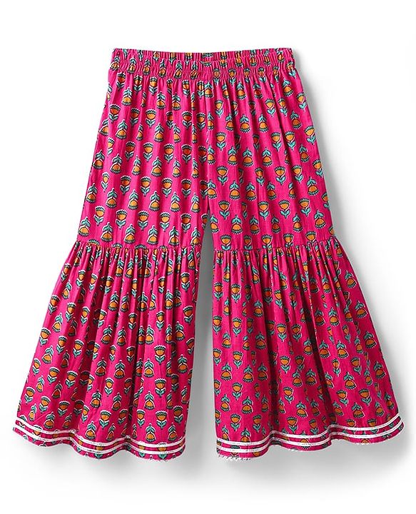 Babyhug Cotton Woven Three Fourth Sleeves Kurti Gharara Set with Dupatta Floral Print & Embroidery - Fuchsia