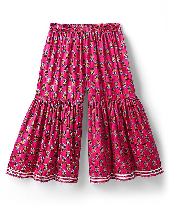 Babyhug Cotton Woven Three Fourth Sleeves Kurti Gharara Set with Dupatta Floral Print & Embroidery - Fuchsia