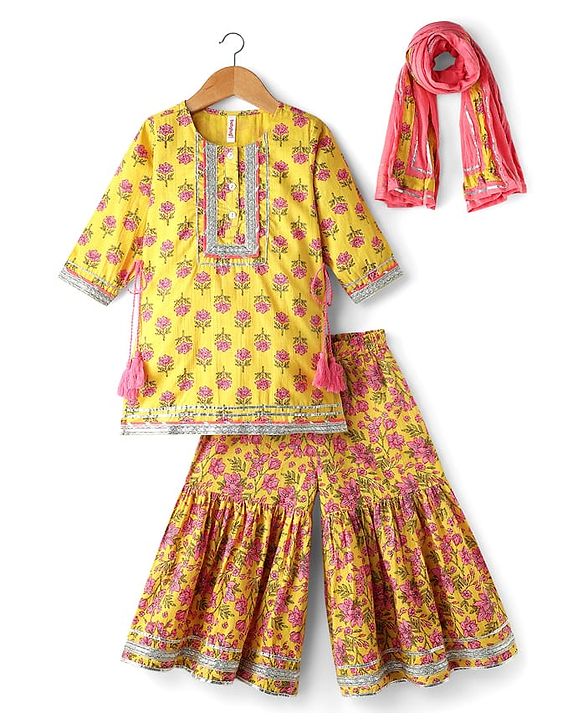 Babyhug Cotton Woven Three Fourth Sleeves Kurti Gharara Set with Dupatta Floral Print & Lace Detailing - Yellow