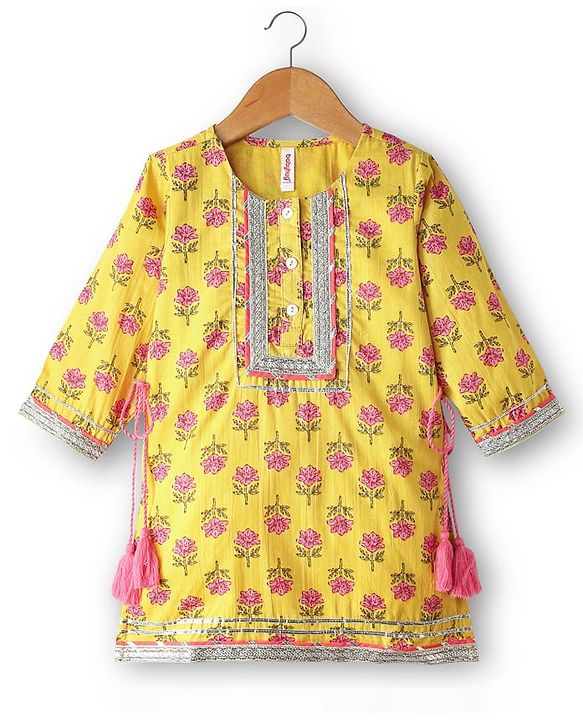 Babyhug Cotton Woven Three Fourth Sleeves Kurti Gharara Set with Dupatta Floral Print & Lace Detailing - Yellow