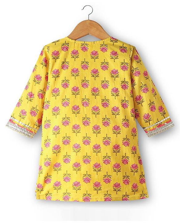 Babyhug Cotton Woven Three Fourth Sleeves Kurti Gharara Set with Dupatta Floral Print & Lace Detailing - Yellow