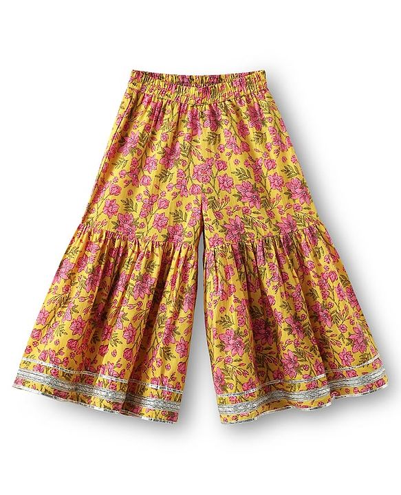 Babyhug Cotton Woven Three Fourth Sleeves Kurti Gharara Set with Dupatta Floral Print & Lace Detailing - Yellow