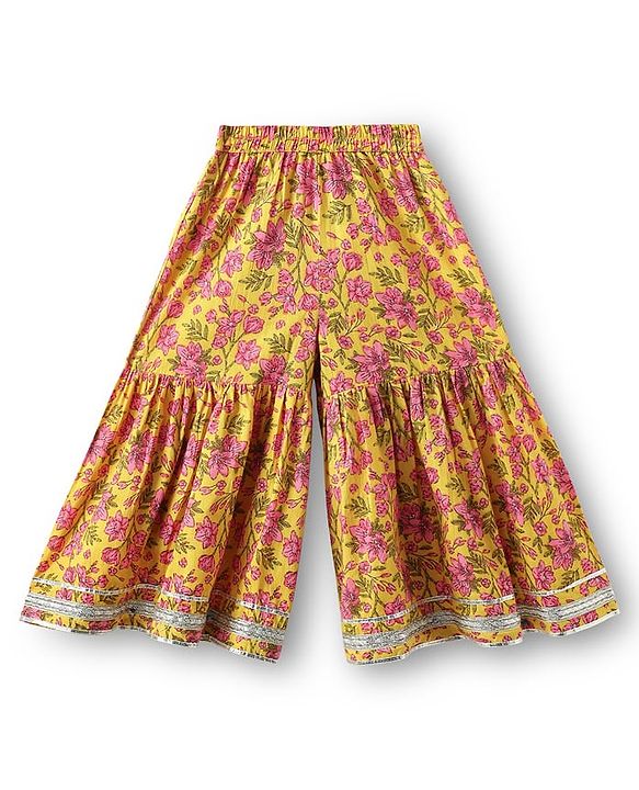 Babyhug Cotton Woven Three Fourth Sleeves Kurti Gharara Set with Dupatta Floral Print & Lace Detailing - Yellow