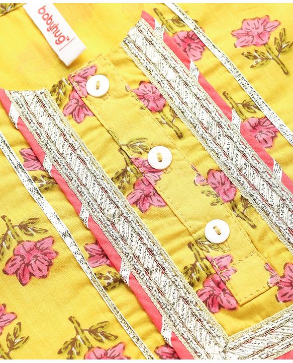 Babyhug Cotton Woven Three Fourth Sleeves Kurti Gharara Set with Dupatta Floral Print & Lace Detailing - Yellow