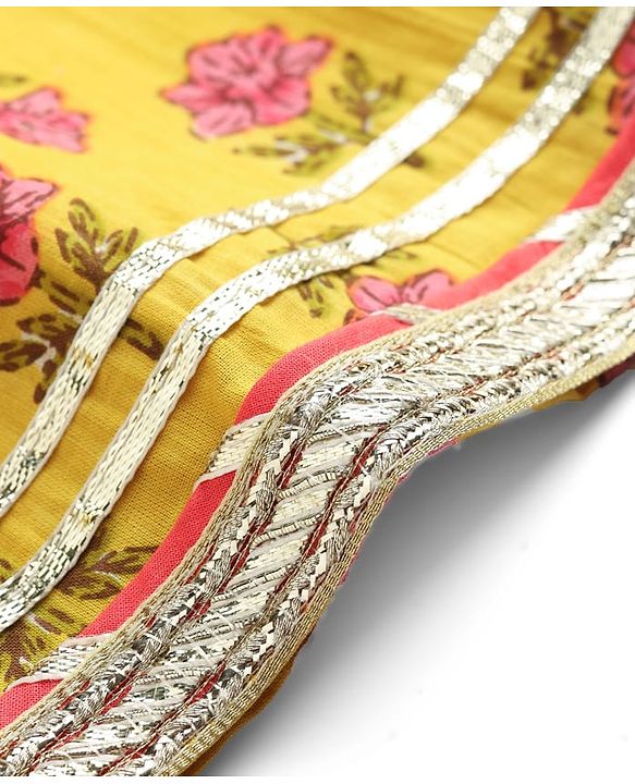Babyhug Cotton Woven Three Fourth Sleeves Kurti Gharara Set with Dupatta Floral Print & Lace Detailing - Yellow