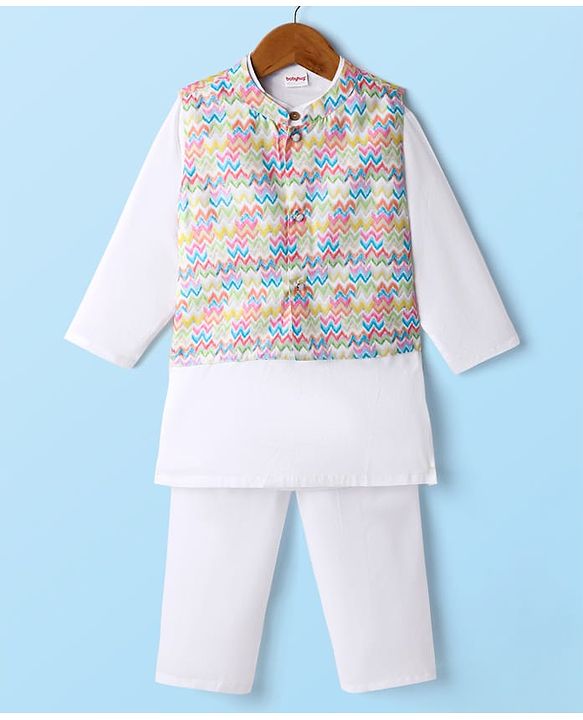 Babyhug Woven Full Sleeves Kurta Pyjama Set With Printed Jacket - White