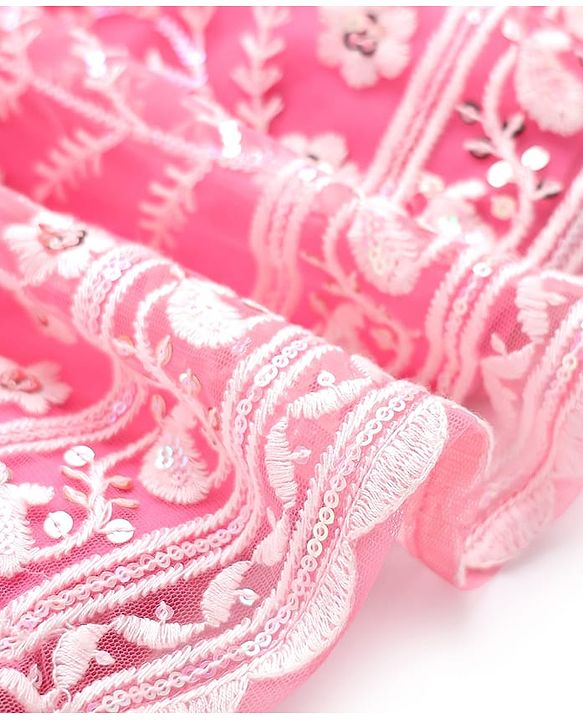 Babyhug Woven Sleeveless Choli And Lehenga Set With Dupatta And Floral Embroidery Sequins Work - Pink