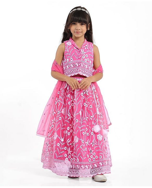Babyhug Woven Sleeveless Choli And Lehenga Set With Dupatta And Floral Embroidery Sequins Work - Pink