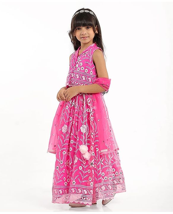 Babyhug Woven Sleeveless Choli And Lehenga Set With Dupatta And Floral Embroidery Sequins Work - Pink