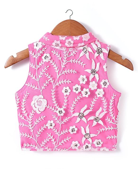 Babyhug Woven Sleeveless Choli And Lehenga Set With Dupatta And Floral Embroidery Sequins Work - Pink