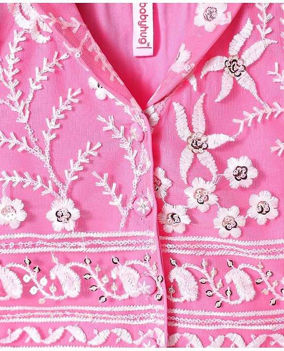 Babyhug Woven Sleeveless Choli And Lehenga Set With Dupatta And Floral Embroidery Sequins Work - Pink