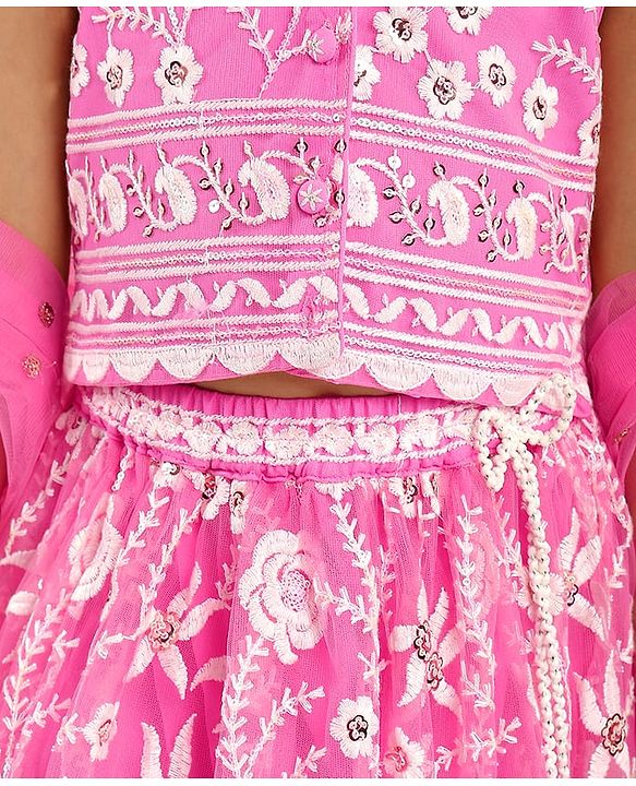Babyhug Woven Sleeveless Choli And Lehenga Set With Dupatta And Floral Embroidery Sequins Work - Pink