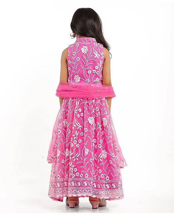 Babyhug Woven Sleeveless Choli And Lehenga Set With Dupatta And Floral Embroidery Sequins Work - Pink