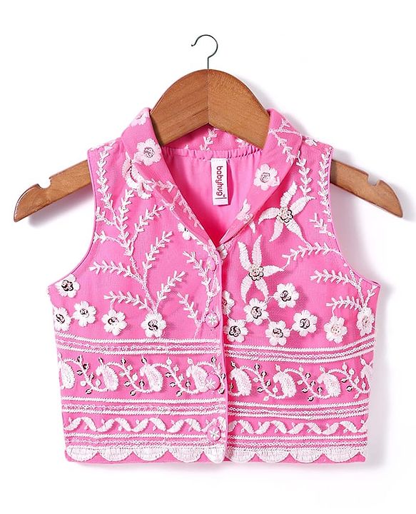 Babyhug Woven Sleeveless Choli And Lehenga Set With Dupatta And Floral Embroidery Sequins Work - Pink