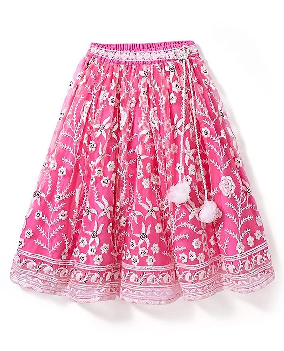 Babyhug Woven Sleeveless Choli And Lehenga Set With Dupatta And Floral Embroidery Sequins Work - Pink