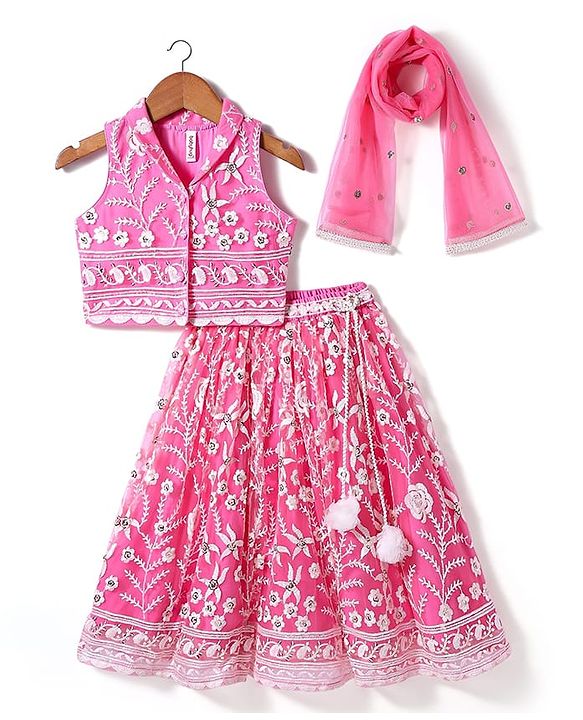 Babyhug Woven Sleeveless Choli And Lehenga Set With Dupatta And Floral Embroidery Sequins Work - Pink