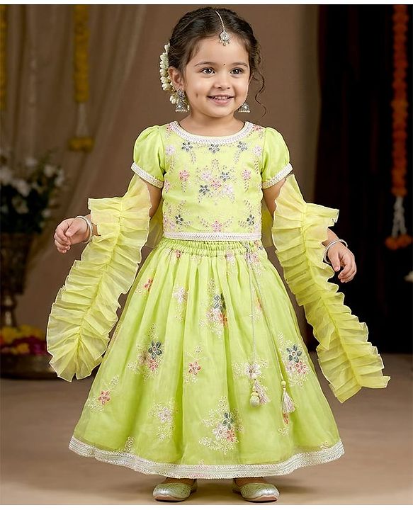 Babyhug Woven Half Sleeves Choli Lehenga Set & Dupatta With Sequin Floral Embroidery & Lace Detailing - Lime Green