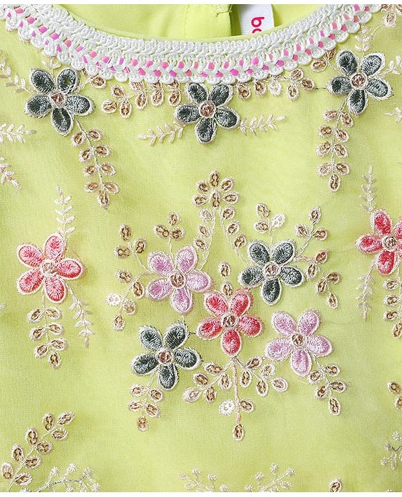 Babyhug Woven Half Sleeves Choli Lehenga Set & Dupatta With Sequin Floral Embroidery & Lace Detailing - Lime Green