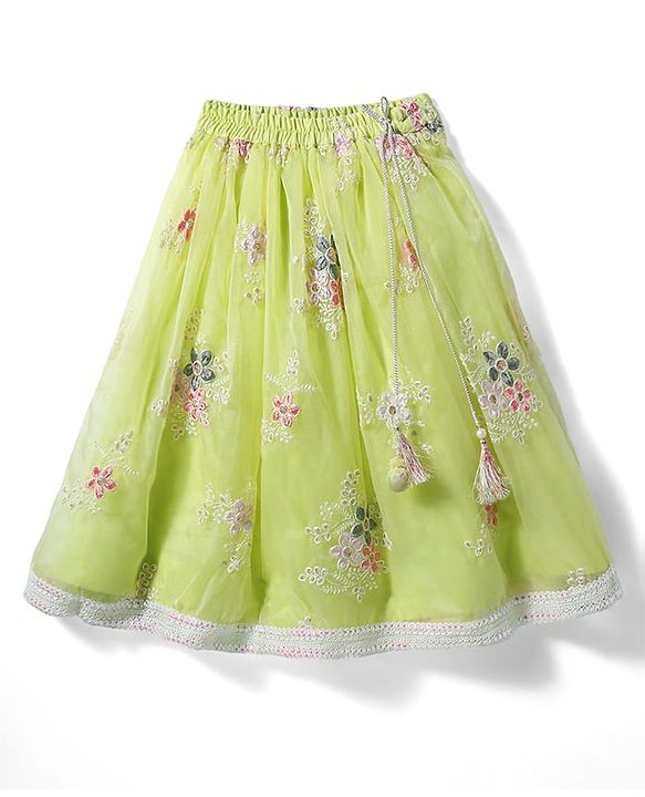 Babyhug Woven Half Sleeves Choli Lehenga Set & Dupatta With Sequin Floral Embroidery & Lace Detailing - Lime Green