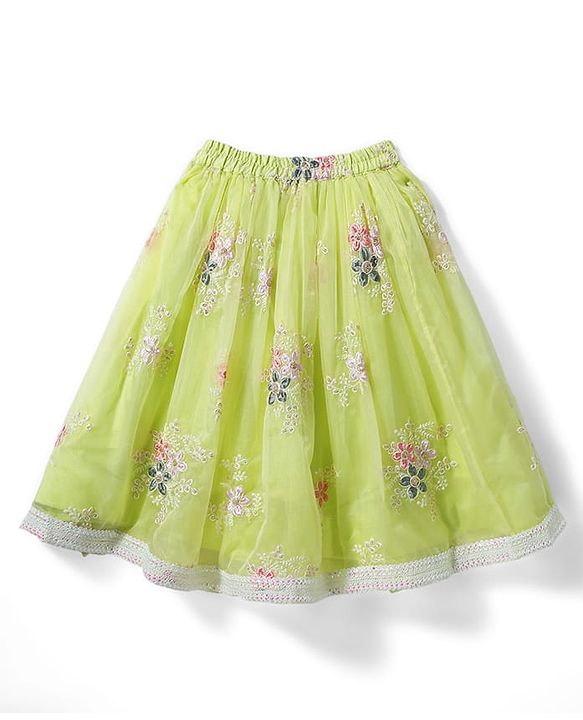 Babyhug Woven Half Sleeves Choli Lehenga Set & Dupatta With Sequin Floral Embroidery & Lace Detailing - Lime Green