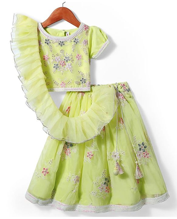Babyhug Woven Half Sleeves Choli Lehenga Set & Dupatta With Sequin Floral Embroidery & Lace Detailing - Lime Green