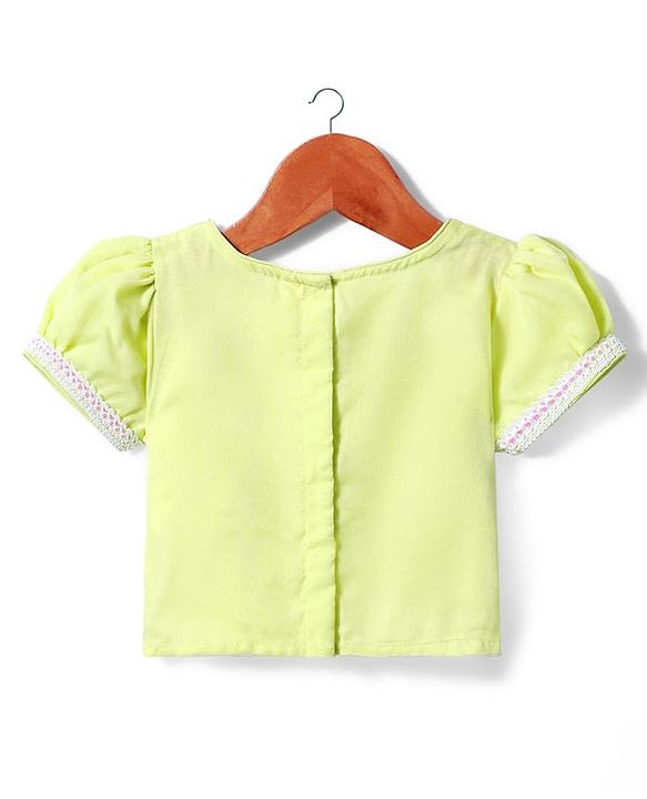 Babyhug Woven Half Sleeves Choli Lehenga Set & Dupatta With Sequin Floral Embroidery & Lace Detailing - Lime Green