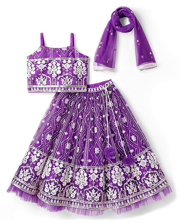 Babyhug Woven Sleeveless Floral Embroidered Choli Lehenga Set with Dupatta & Sequin Detailing - Purple