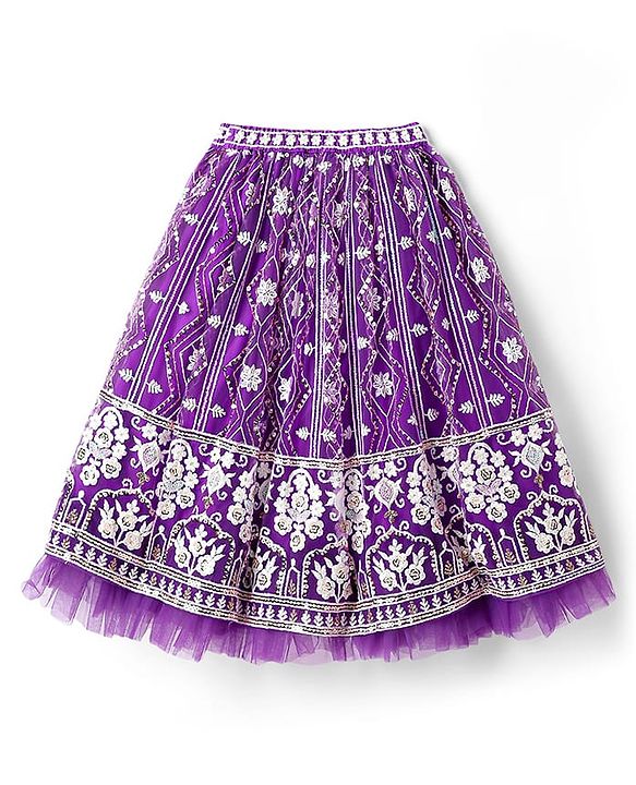 Babyhug Woven Sleeveless Floral Embroidered Choli Lehenga Set with Dupatta & Sequin Detailing - Purple