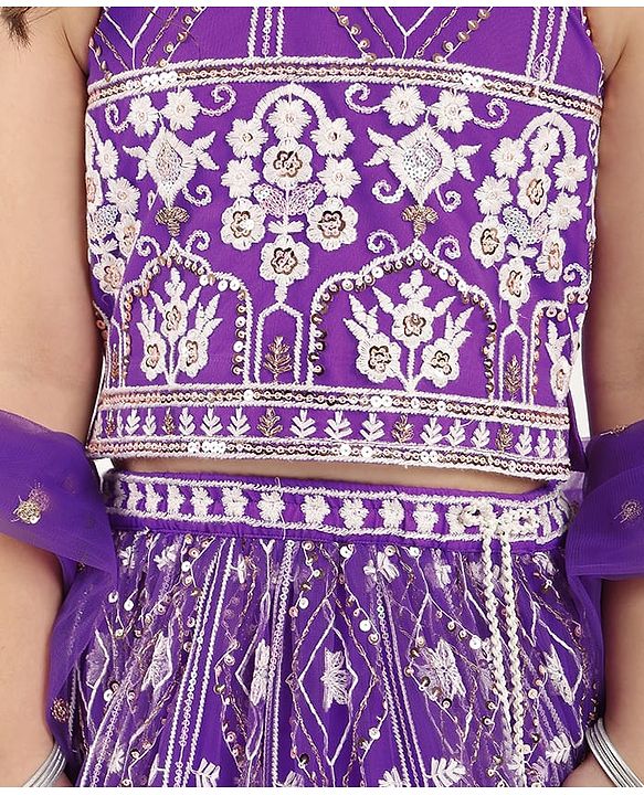 Babyhug Woven Sleeveless Floral Embroidered Choli Lehenga Set with Dupatta & Sequin Detailing - Purple