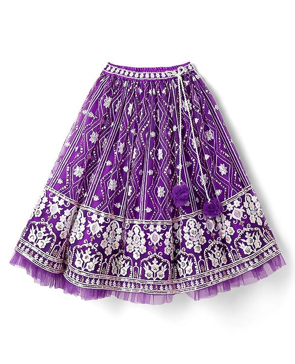 Babyhug Woven Sleeveless Floral Embroidered Choli Lehenga Set with Dupatta & Sequin Detailing - Purple