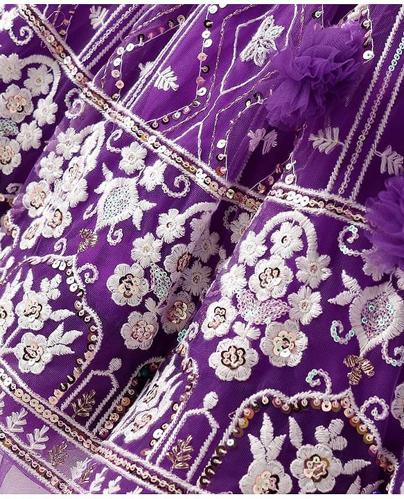 Babyhug Woven Sleeveless Floral Embroidered Choli Lehenga Set with Dupatta & Sequin Detailing - Purple