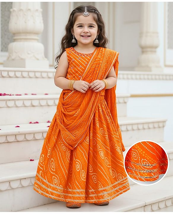 Babyhug Cotton Woven Sleeveless Choli Lehenga and Dupatta Set with Bandhani Print - Orange