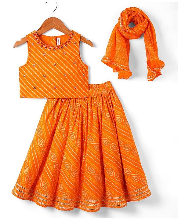 Babyhug Cotton Woven Sleeveless Choli Lehenga and Dupatta Set with Bandhani Print - Orange