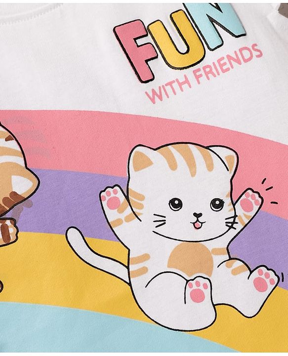 Babyhug Cotton Knit Half Cap Sleeves T-Shirt with Kitty Print - White