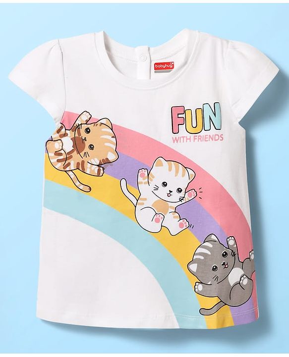 Babyhug Cotton Knit Half Cap Sleeves T-Shirt with Kitty Print - White