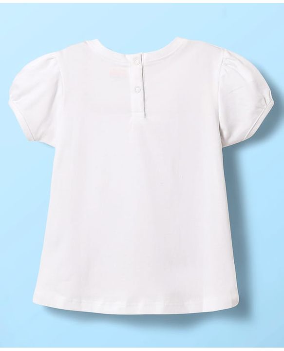 Babyhug Cotton Knit Half Puffed Sleeves T-Shirt with Bird Print - White