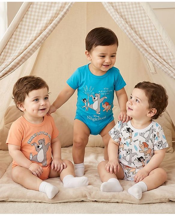 Babyhug Disney Interlock Knit Half Sleeves Onesies with Mowgli & Friends Graphics Pack of 3 - White Orange & Blue
