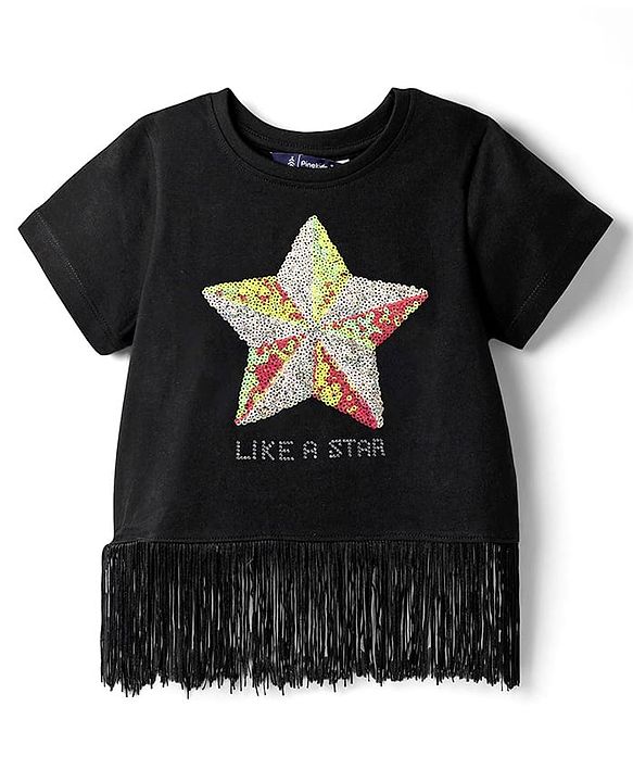 Pine Kids Cotton Knit Half Sleeves Top with Sequin Detailing & Tassel Hem - Black