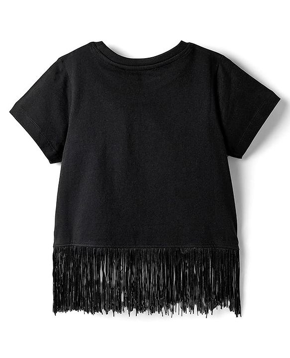 Pine Kids Cotton Knit Half Sleeves Top with Sequin Detailing & Tassel Hem - Black