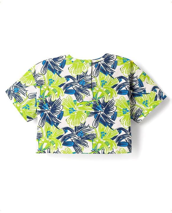 Babyhug Cotton Knit Half Sleeves Drop Shoulder T-Shirt With Floral Print - Navy Blue & Limegreen