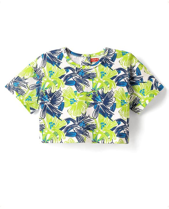 Babyhug Cotton Knit Half Sleeves Drop Shoulder T-Shirt With Floral Print - Navy Blue & Limegreen