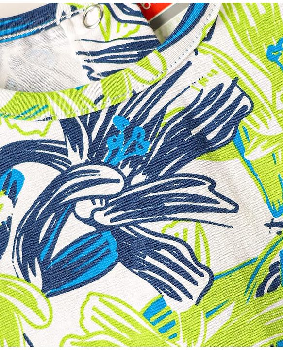 Babyhug Cotton Knit Half Sleeves Drop Shoulder T-Shirt With Floral Print - Navy Blue & Limegreen