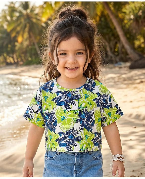Babyhug Cotton Knit Half Sleeves Drop Shoulder T-Shirt With Floral Print - Navy Blue & Limegreen