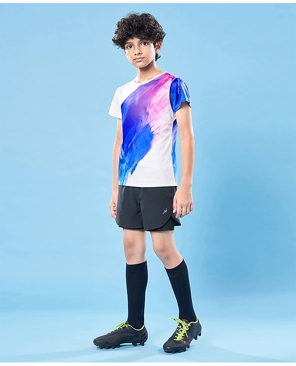 Pine Active Knit Super Stretch Half Sleeves Printed T-Shirt - White & Blue