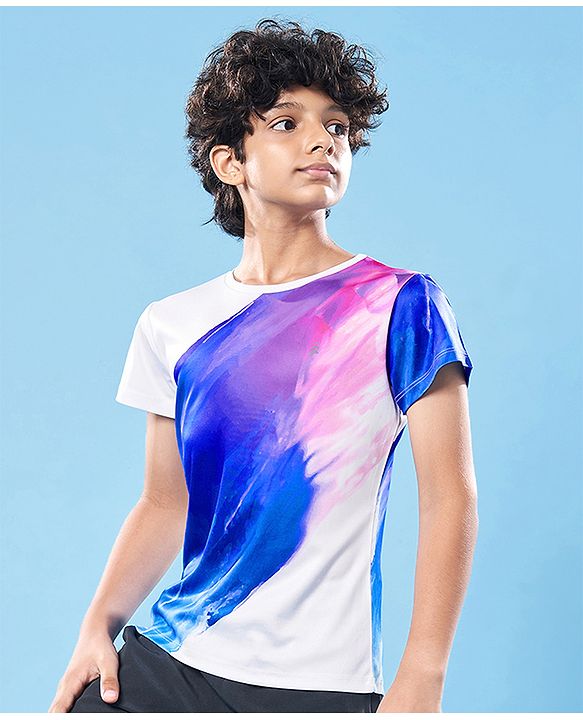 Pine Active Knit Super Stretch Half Sleeves Printed T-Shirt - White & Blue